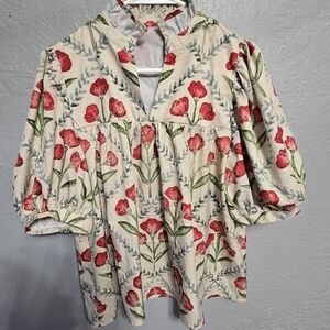 Source Unknown Cream Floral Puff Sleeve Blouse with Red Tulips